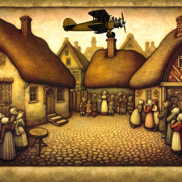 Dorpsgezicht met een laagvliegend vintage vliegtuig dat bijna de daken raakt, ter illustratie van het begrip 'laag' in het Nederlands
