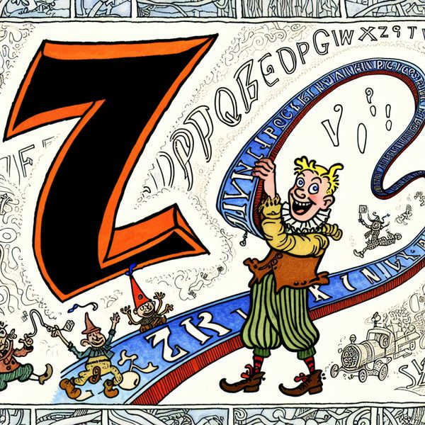 Laatste letter Z van het Nederlandse alfabet - educatieve illustratie voor taal leren Kartonnen figuur houdt trots de reusachtige letter Z omhoog aan het einde van een kronkelend alfabetpad met alle Nederlandse letters