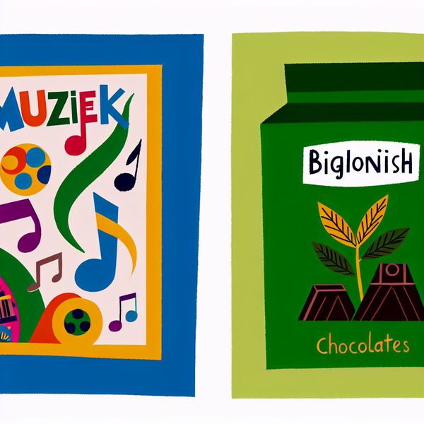Label Muziek en Biologisch - Illustratie voor Categorisatie Een illustratie van een kleurrijk muziek album en een doos biologisch chocolade, met labels 'Muziek' en 'Biologisch' in een kinderlijke stijl.