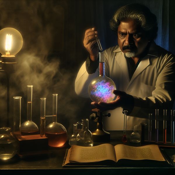 Laboratorium Experiment Door Wetenschapper Een wetenschapper in een dim verlicht laboratorium voert een experiment uit met een kleurrijke, bruisende vloeistof in een glazen beker.