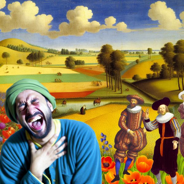 Lachende figuren in een kleurrijk landschap Een kleurrijk landschap met een persoon die zich dubbelvouwt van het lachen te midden van bloemen, terwijl andere grappige figuren ook lachen in de achtergrond.
