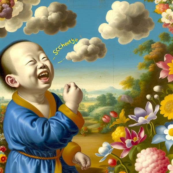 Een jonge jongen van vijf jaar die lachend zijn neus vasthoudt, omringd door schattige wolken en kleurrijke bloemen, met de cartoonachtige letters van het woord 'scheetje' in de lucht.