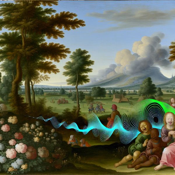 Lachende Kinderen in een Prachtig Park Kinderen die lachen in een rustige parkomgeving met weelderig groen en een heldere blauwe lucht.