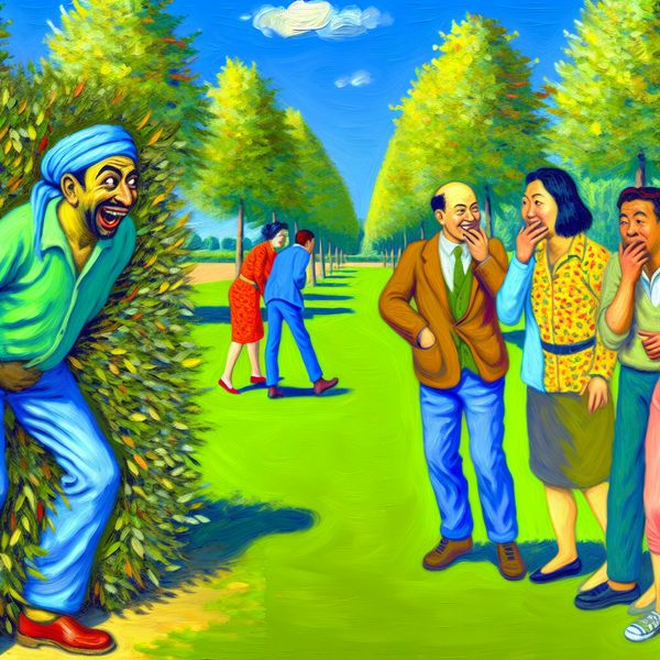 Lachende man urinerend in het park Man die lachend achter een struik in het park staat te urineren, met vrienden op de achtergrond die genieten van het mooie weer.