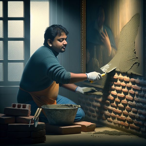 Metselaar brengt een lading specie aan op een bakstenen muur met een troffel in een rustige, Vermeer-achtige setting