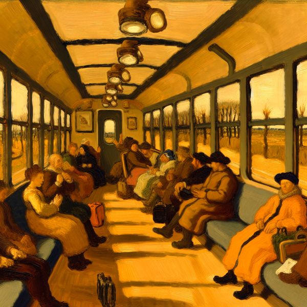 Treinbezetting en capaciteit: levendige scène in Jan Steen-stijl Leeglopende treinwagon tijdens vakantieperiode met enkele passagiers, geschilderd in de stijl van Jan Steen