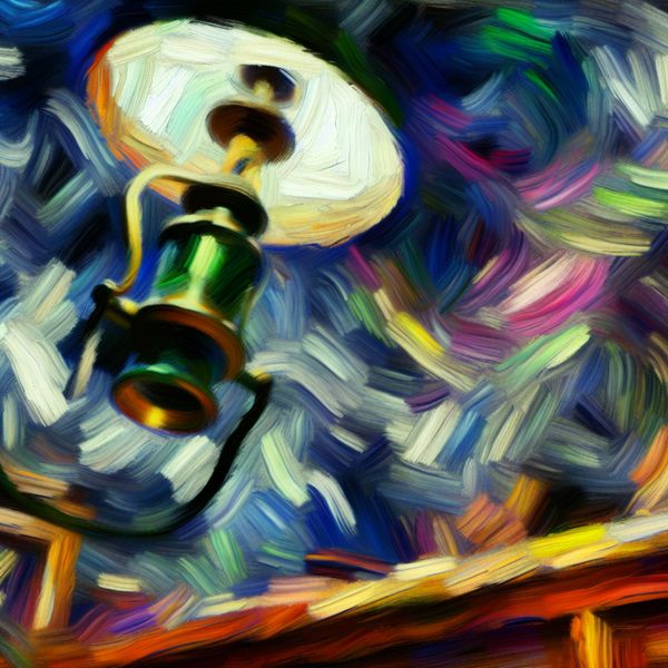 Abstracte voorstelling van 'boven' met lamp boven tafel - taal leren Nederlands Abstract expressionistisch schilderij van een lamp die hoog boven een tafel hangt, met dynamische penseelstreken en levendige kleuren om het concept 'boven' uit te beelden