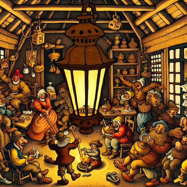 Gedetailleerde schilderij in de stijl van Jan Steen met een lamp midden in een levendige kamer, omringd door mensen en dagelijkse activiteiten