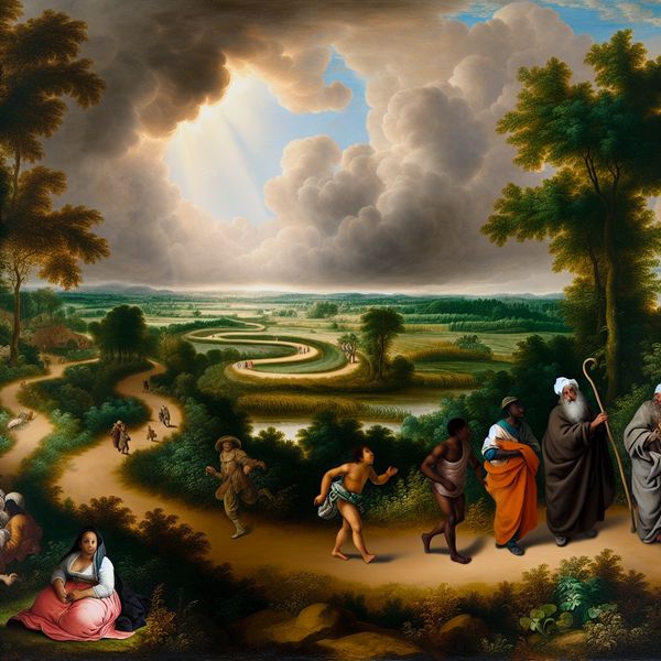 Adembenemend landschap met volgorde en tijd in de stijl van Ruisdael Landschap in de stijl van Jacob van Ruisdael, met een groep mensen die een pad volgen in een serene omgeving met een dramatische lucht en opkomend zonlicht.