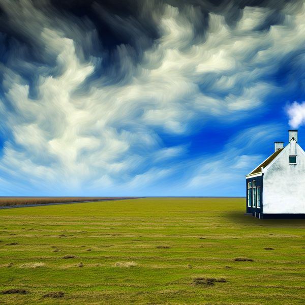 Serene Landschap Met Huis - Basis van Eenvoudigheid Pittoresk landschap met een enkele huis in een uitgestrekt veld, onder dramatische wolken