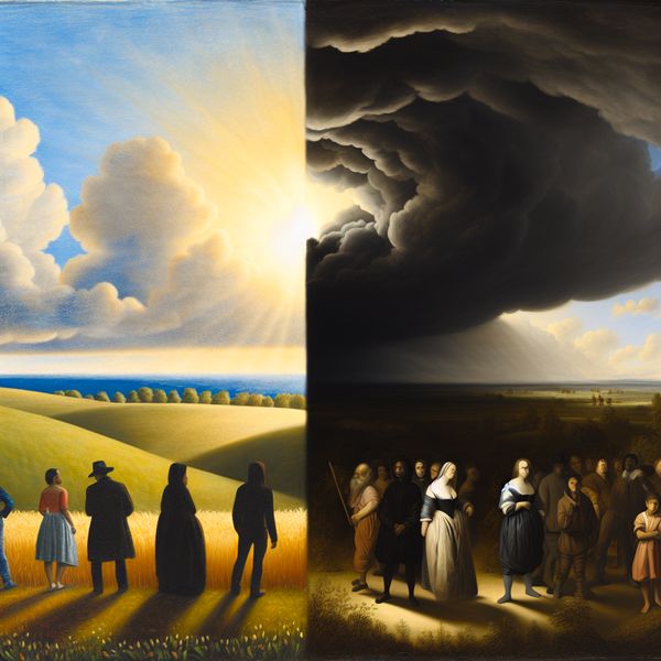 Landschap met mensen die mening hebben over verandering en onzekerheid Twee groepen mensen in een landschap; links staan ze in een zonverlichte veld met een positieve blik, rechts in de schaduw van een donkere wolk met een sceptische houding.