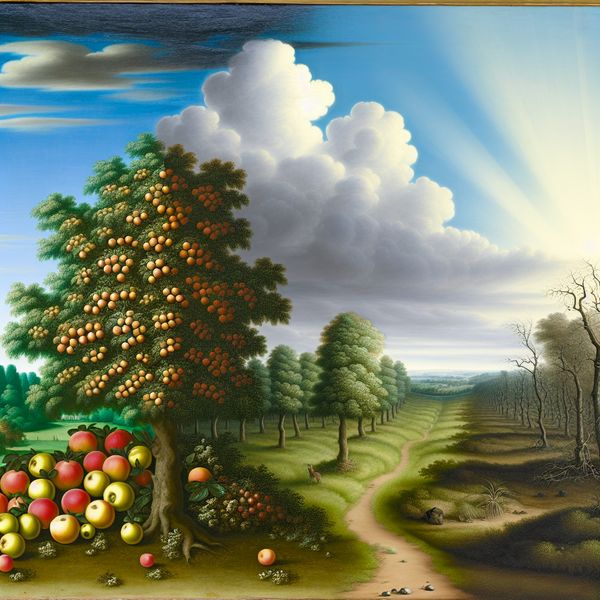 Detail van een landschap met een groene veld, weg, fruitbomen, en dramatische wolken