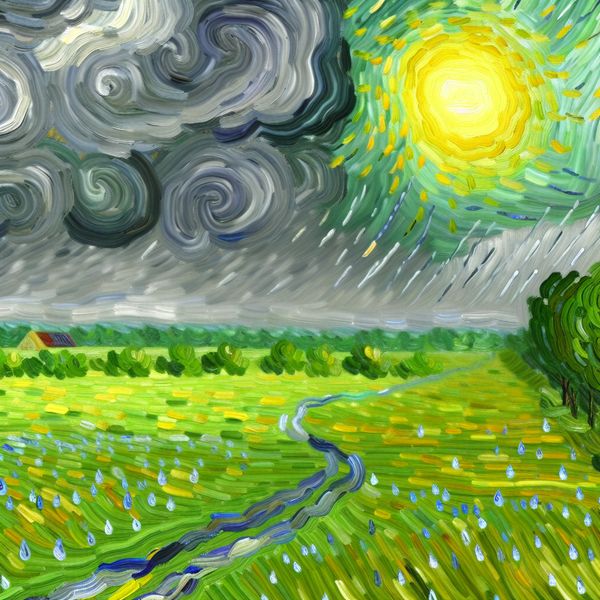 Landschap met zon door wolken na regen Expressieve landschapsschilderij met een zon die door de wolken breekt na de regen, met een glooiend pad naar een klein huis.