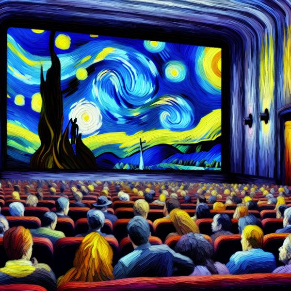 Langdurige filmvertoning in sfeervol theater Een levendig beeld van een filmvertoning met een betrokken publiek in een sfeervolle theateromgeving.