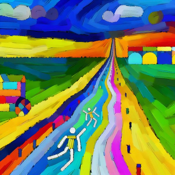 Lange afstand wandelen - abstracte kunst voor taalonderwijs Abstracte voorstelling van een lange, kronkelende afstand met twee figuurtjes die een levendig pad volgen in felle kleuren, geïnspireerd op de stijl van Karel Appel