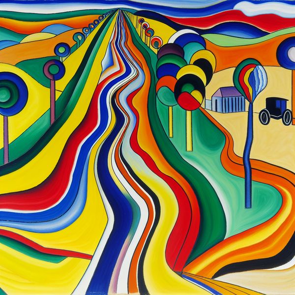 Lange Kronkelige Weg naar Verre Dorp - Afstand en Beweging Abstracte afbeelding van een lange en kronkelige weg die leidt naar een verre dorpje, met een dynamische en kleurrijke stijl.