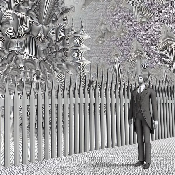 Een uitzonderlijk lange man staat naast een verwrongen hek en kijkt erover heen, omgeven door een surrealistisch landschap met onmogelijke constructies.