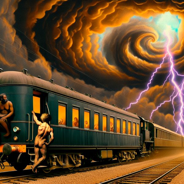 Langzaam rijdende trein in onweersbui Een oude locomotief beweegt langzaam door een dramatische onweersbui met bliksem en donkere wolken.
