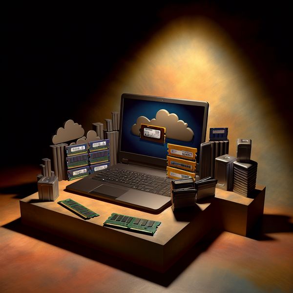 Laptop en Geheugenapparaten Stillleven Dramatische stilleven van een moderne laptop omgeven door geheugenapparaten zoals RAM-sticks en harde schijven.