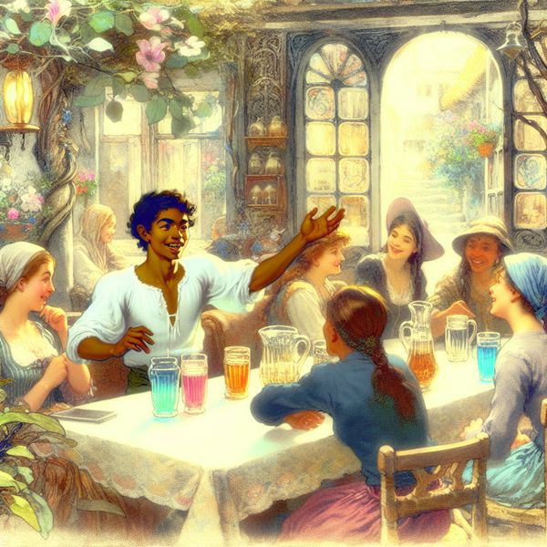 Een jonge man genaamd Lars, die relaxt en vriendelijk is, praat met een diverse groep vrienden in een zonnig café met vintage decor.