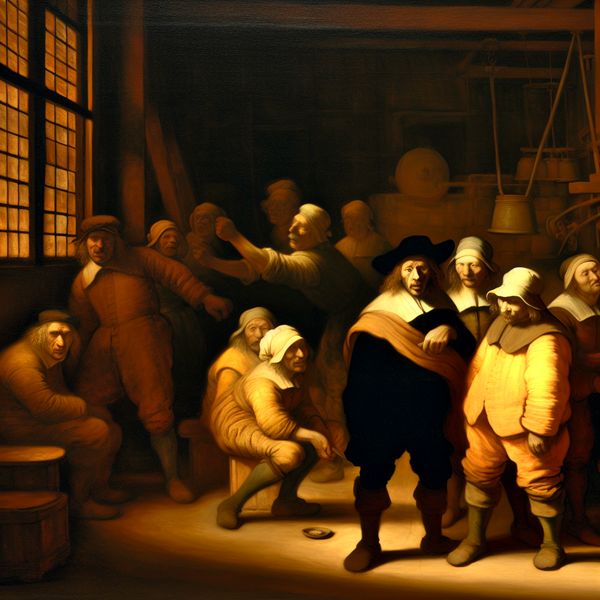 Latente spanning in 17e-eeuws atelier: expressieve gezichten en verborgen emoties 17e-eeuwse Nederlandse werkplaats met arbeiders die latente spanning en onrust tonen, geschilderd in de stijl van Frans Hals