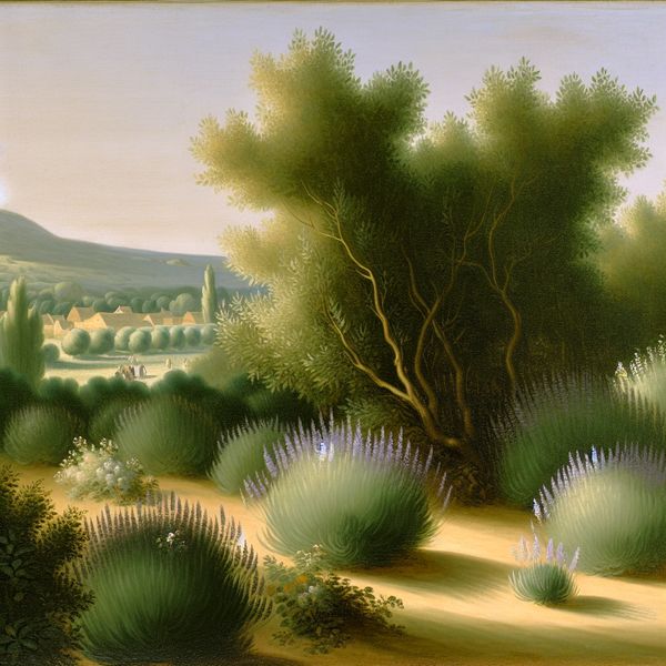Zonnige mediterrane landschap met weelderige lavendelvelden in de stijl van Vermeer, ter illustratie van natuurlijke gebeurtenissen en voorkomen in Zuid-Europa
