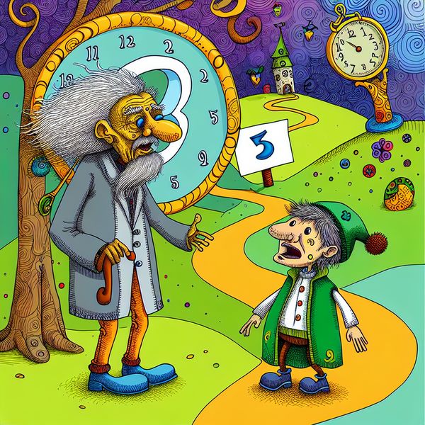 Leeftijdsverschil tussen twee personen in cartoonstijl met cijfer 3 Twee cartoonfiguren met een groot leeftijdsverschil, een groot zwevend cijfer 3 ertussen dat het verschil in leeftijd symboliseert
