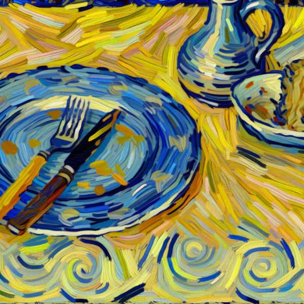 Alles opgegeten bord schilderij Van Gogh stijl Nederlands leren Leeg bord met vork en mes in Van Gogh-stijl, symboliserend dat alles is opgegeten zonder uitzondering