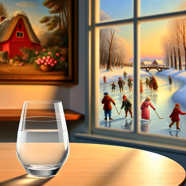 Leeg Glas in Winterse Sfeer voor Taalonderwijs Een leeg glas op een tafel in een warm winterkamertje met een besneeuwd landschap op de achtergrond.