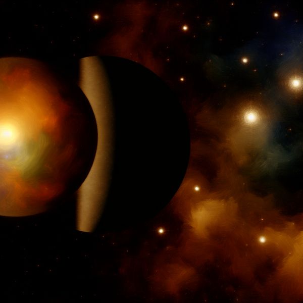 Leegte tussen twee planeten in de ruimte Een dramatisch kosmisch tafereel dat de lege ruimte tussen twee planeten toont, met een heldere, kleurrijke planeet aan de linkerkant en een schaduwrijke planeet aan de rechterkant.