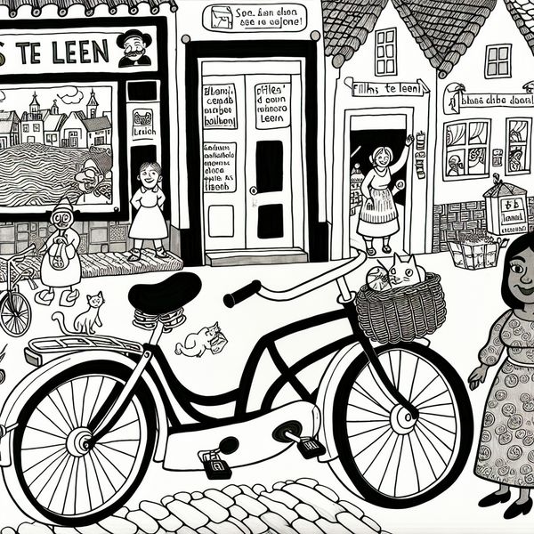 Vrolijke persoon met een grote, vriendelijke leenfiets met het label 'te leen' in een gezellige buurt met een bibliotheek waar 'Films te leen' staat