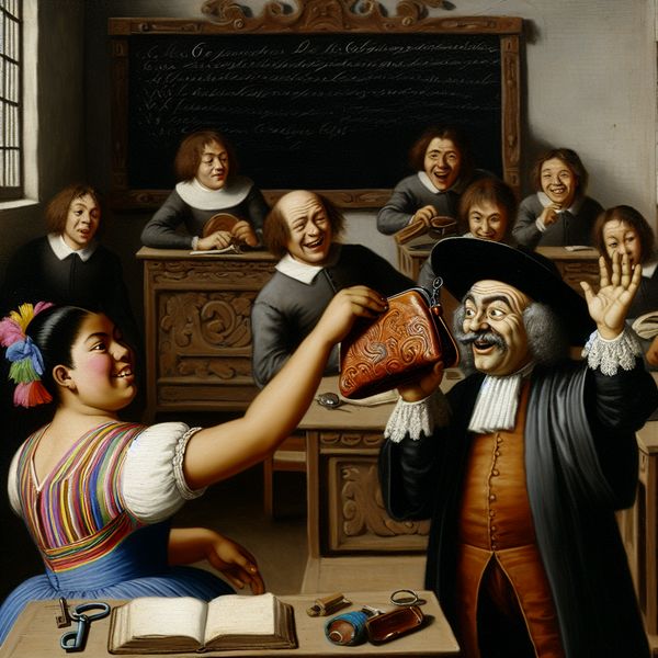 Leer pouch Presentatie in de Klas Een levendige schoolklas waar een leerling een kleurrijke leer pouch aan een blije leraar geeft.