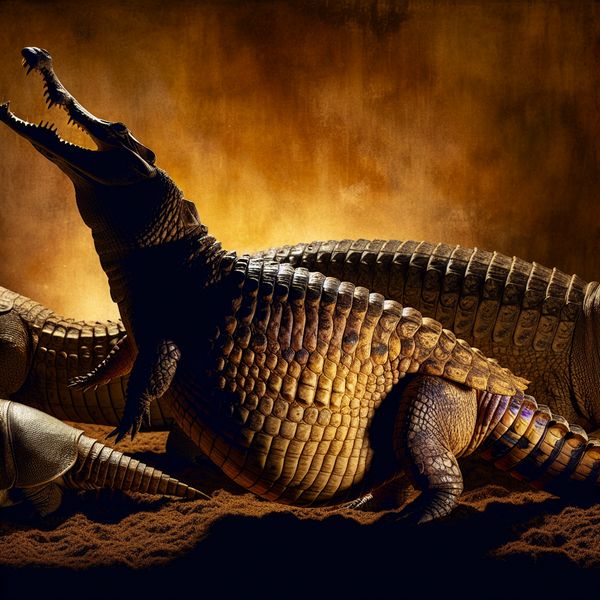 Leathery Skin of Animals: Crocodiles and Armadillos Crocodiles and armadillos in dramatic lighting, showcasing their leathery skin textures in a natural setting.