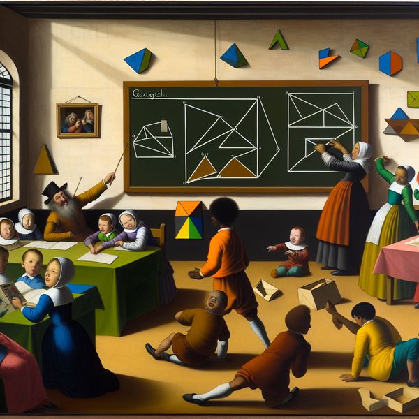 Leerlingen leren over geometrie in de klas Illustratieve classroom scene met leerlingen die leren over geometrie, met een kleurrijke rechthoek op het bord.