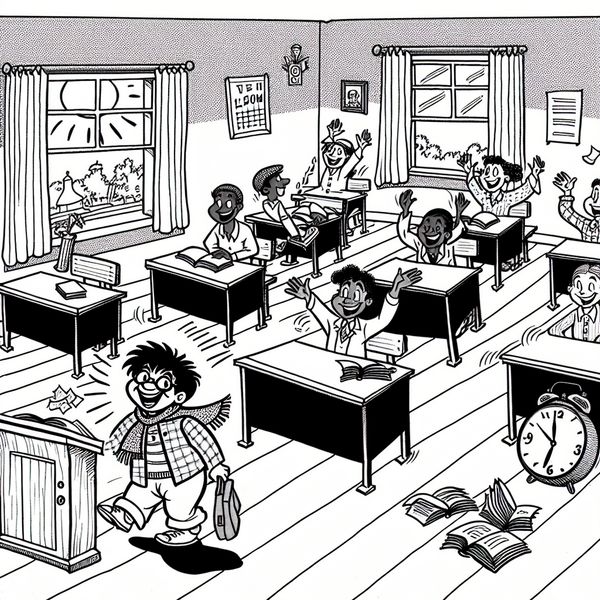 Cartoon scène met studenten die oude gewoontes loslaten in een klaslokaal, met een vrolijke student die op tijd arriveert.