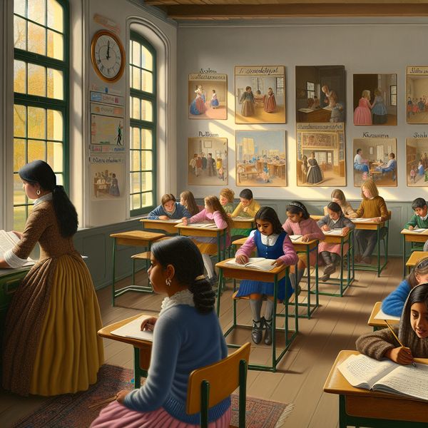 Een jong meisje in een Nederlandse klaslokaal leest geconcentreerd een boek terwijl een lerares kinderen helpt bij schrijfopdrachten.