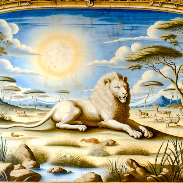 Koning van de dieren: Leeuw in de Afrikaanse savanne Majestueuze leeuw ligt trots in de Afrikaanse savanne met een zonnig landschap op de achtergrond.