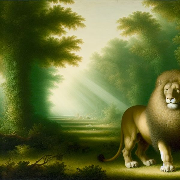 Majestueuze Leeuw als Symbool van Moed en Gerechtigheid Een majestueuze leeuw staat trots in een weelderig groen landschap, symbool voor gerechtigheid.