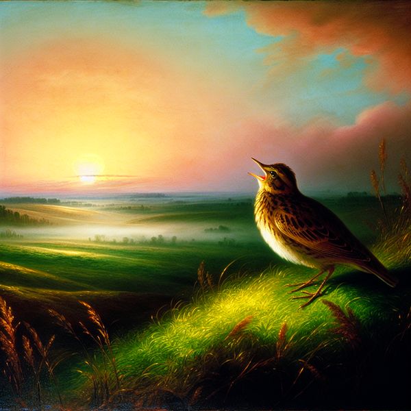 Landschap met leeuwerik en zonsopgang Een leeuwerik zittend op een groene heuvel bij zonsopgang, zingend met open snavel.