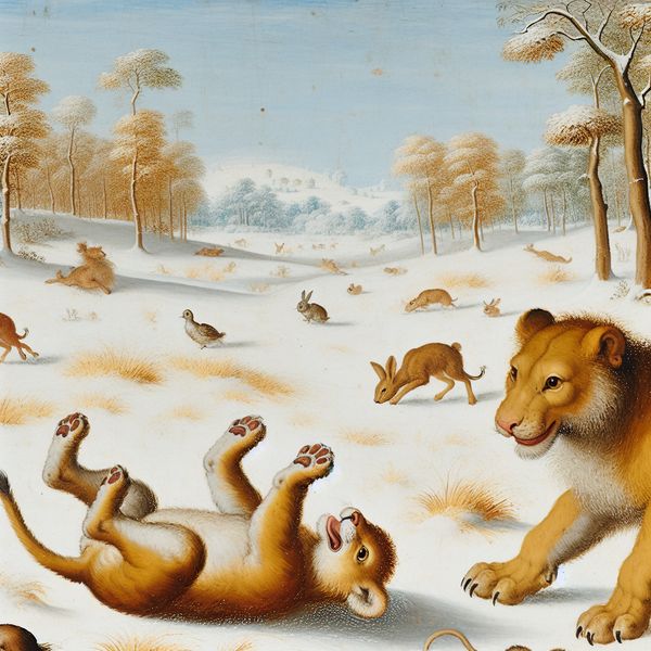 Schattige leeuwin en leeuwenwelp in winters landschap Een leeuwin en haar schattige leeuwenwelp spelen in een sneeuwlandschap met witte sneeuw en warme bruin- en goudtinten.