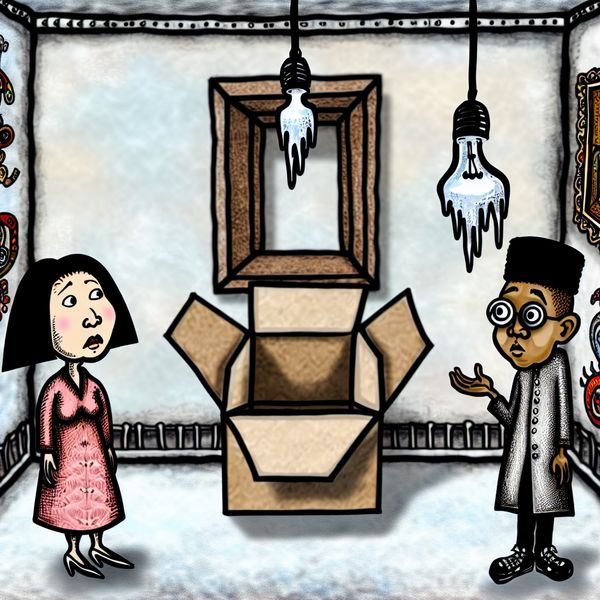 Lege kamer illustratie met kartonnen doos en speelse figuren Cartoonachtige illustratie van een lege kamer met een grote open kartonnen doos in het midden, omringd door speelse figuren.