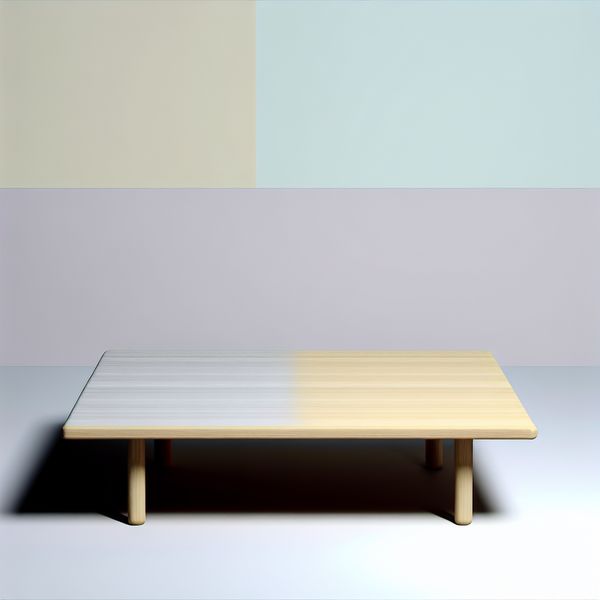 Lege tafel illustratie - concept afwezigheid en nietsheid voor taalonderwijs Minimalistische illustratie van een lege houten tafel op een lichte achtergrond, symboliserend 'geen enkel ding, helemaal niets' in de stijl van Dick Bruna
