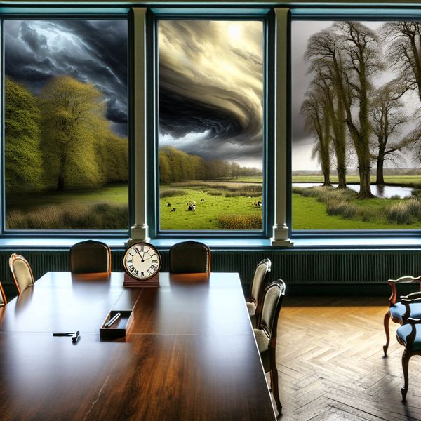Lege Vergaderruimte in een Villa met Dramatische Lucht Een lege vergaderruimte met uitzicht op een landschap, met een klok die aangeeft dat het tijd is voor de afspraak.
