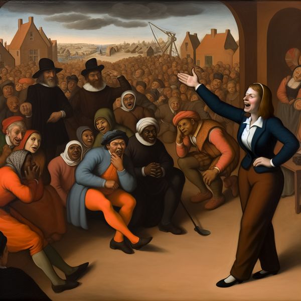 Leiderschap en sociale invloed in een drukke setting Een zelfverzekerde vrouw die elegant gekleed is en haar hand omhoog steekt, leidend een bijeenkomst terwijl omstanders met verwondering kijken.