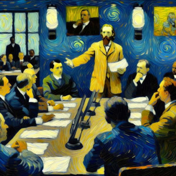 Leider die een teamvergadering leidt in een moderne kantooromgeving, geschilderd in de expressieve stijl van Vincent van Gogh met warme kleuren en dynamische penseelstreken