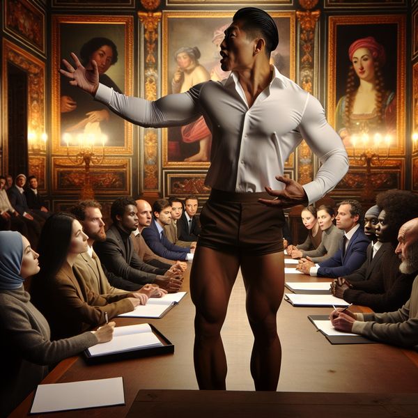 Leiderschap in een vergadering met controle en kracht Een zelfverzekerde leider leidt een vergadering aan een lange houten tafel in een weelderig versierde kamer.