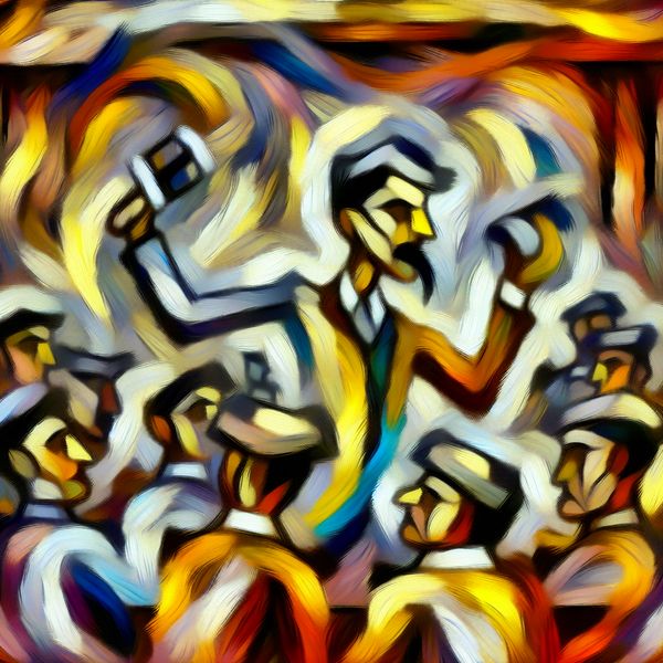 Abstract expressionistisch tafereel van een zelfverzekerde persoon die leiding neemt in een informele groep vrienden in een café