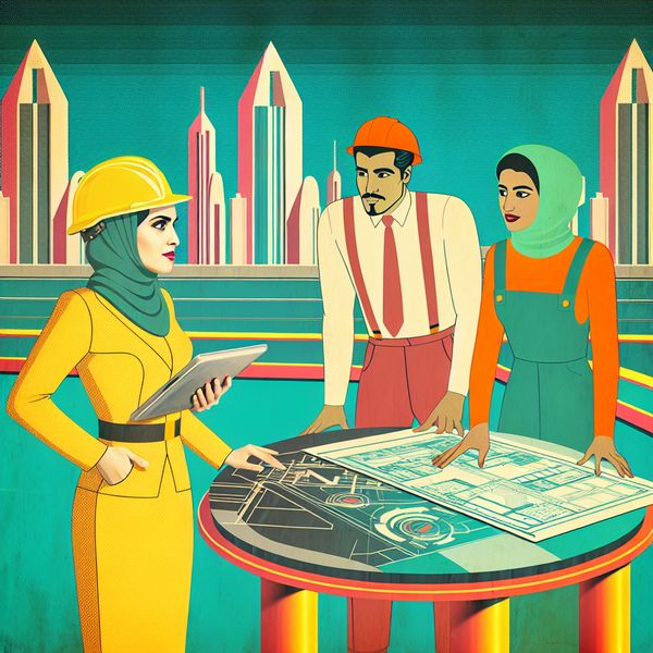 Leidende Engineer in de Bouw - Retro-futuristische Illustratie Illustratie van een moderne retro-futuristische engineer in een leidende rol op een bouwplaats met een diverse team van werknemers.