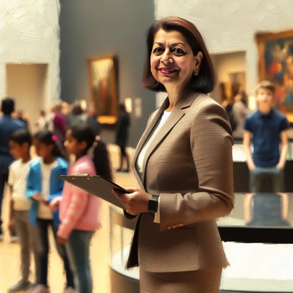 Portret van een zelfverzekerde vrouwelijke leidinggevende in een modern museum, omringd door jonge bezoekers bij interactieve tentoonstellingen, geschilderd in de stijl van Frans Hals