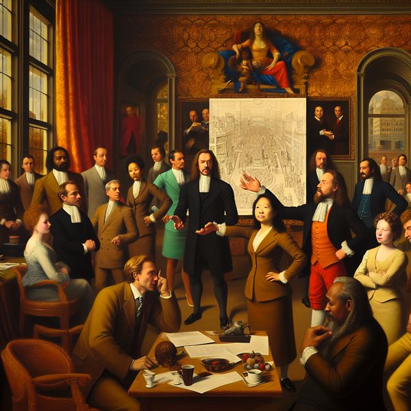 Barokke kantoorscène met een leidinggevende die een team aanstuurt, omringd door medewerkers en een presentatiebord in een dynamische, klassieke stijl